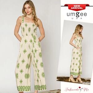 Umgee Smocked Detail Printed Side Pockets Relaxed Fit Wide Leg Jumpsuit | Cream
